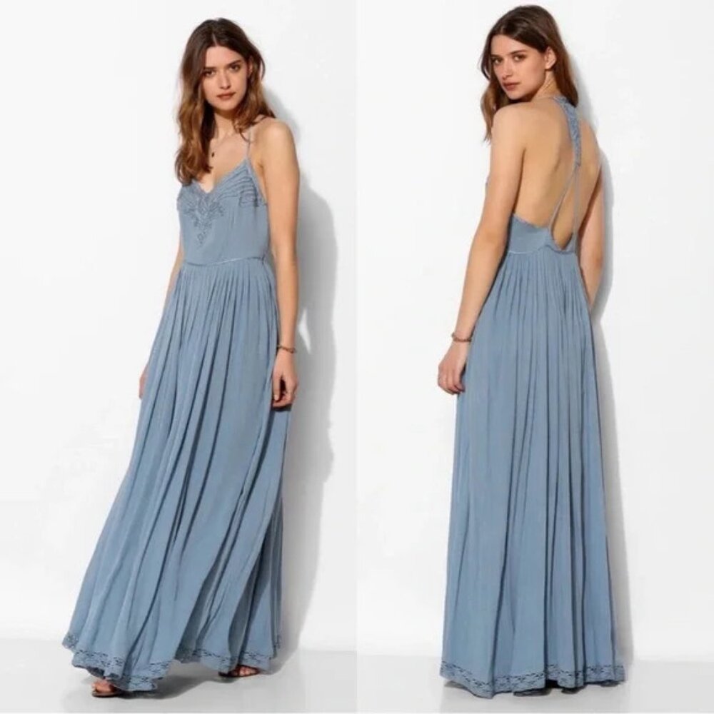 Kimchi Blue UO Blue Dove Crinkle Gauze Maxi Dress Lace Size 10